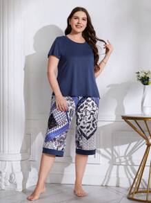 Plus Solid Tee & Paisley Scarf Print Trousers PJ Set - Multicolor - View 4