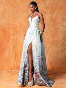 Women's One Shoulder Hollow Out Sleeveless Maxi French Style Elegant Evening Dress With High Side Slit - Light Wash - View 5
