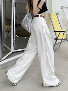 Solid Color Slanted Pocket Casual Wide Leg Jeans - White - View 4