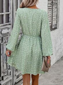 SHEIN Clasi In Tay áo lồng đèn Đầm Với Ruffle Cạnh Hem - màu xanh lá - Xem 2