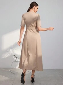Modelyn Women's Color Block Dress With Ruffled Edge And Double Breasted Waist Belt