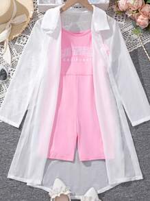 SHEIN Tween Girl Letter Printed Cami Romper And Open Front Coat - Multicolor - View 1