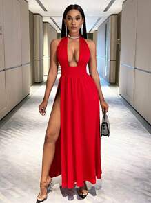 SHEIN Slayr Của phụ nữ Màu thuần Halter Neck Không lưng Cái nĩa cao Đầm - Đỏ - Xem 5