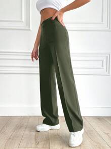 RueChic Của phụ nữ Màu thuần Giải trí Giò thẳng Quần - Màu xanh lá cây đậm - Xem 3
