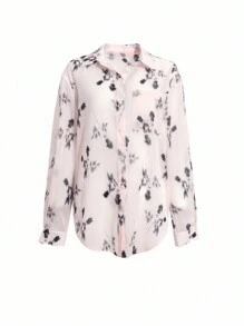 DAZY 女式宽松印花基本款透明衬衫，秋季女装长袖上衣 - 米色 - 查看 9