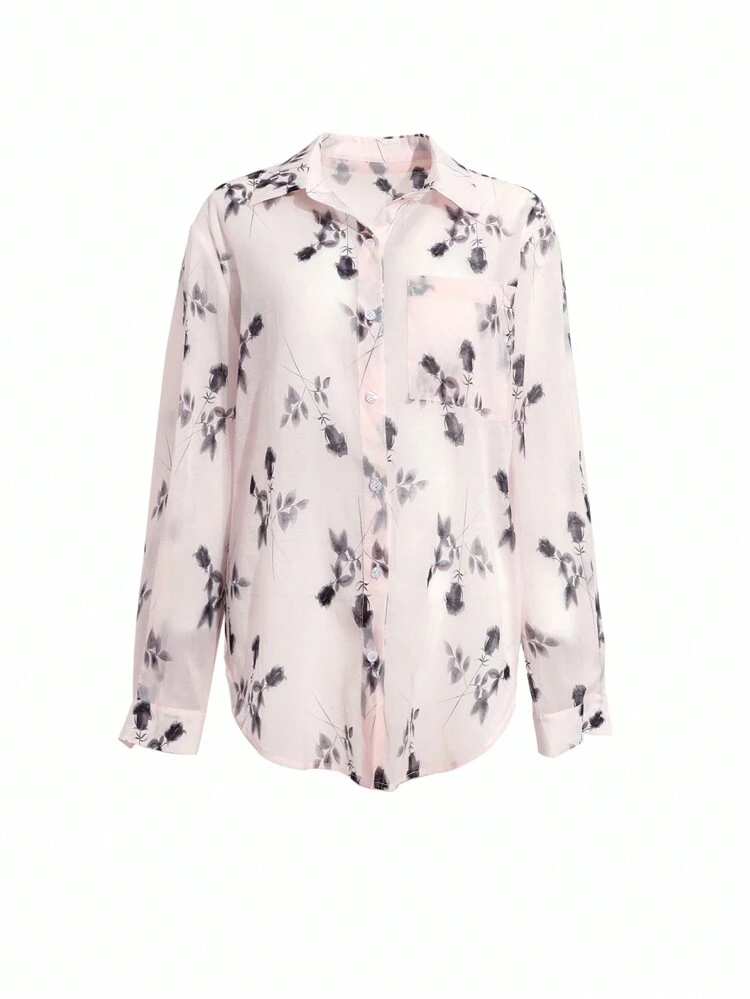 Women's Loose Fit Printed Basic Shirt Sheer,Fall Women Clothes Long Sleeve Top