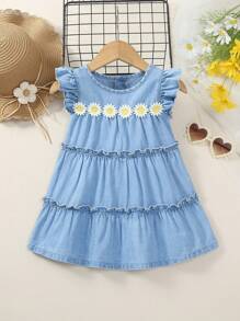 Baby Girl's Adorable And Sweet Lace Edge Cami Denim Dress With Comfortable And Loose Fit - Light Wash - View 1