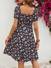 SHEIN VCAY Women's Ditsy Floral Print Cinching Waist Dress