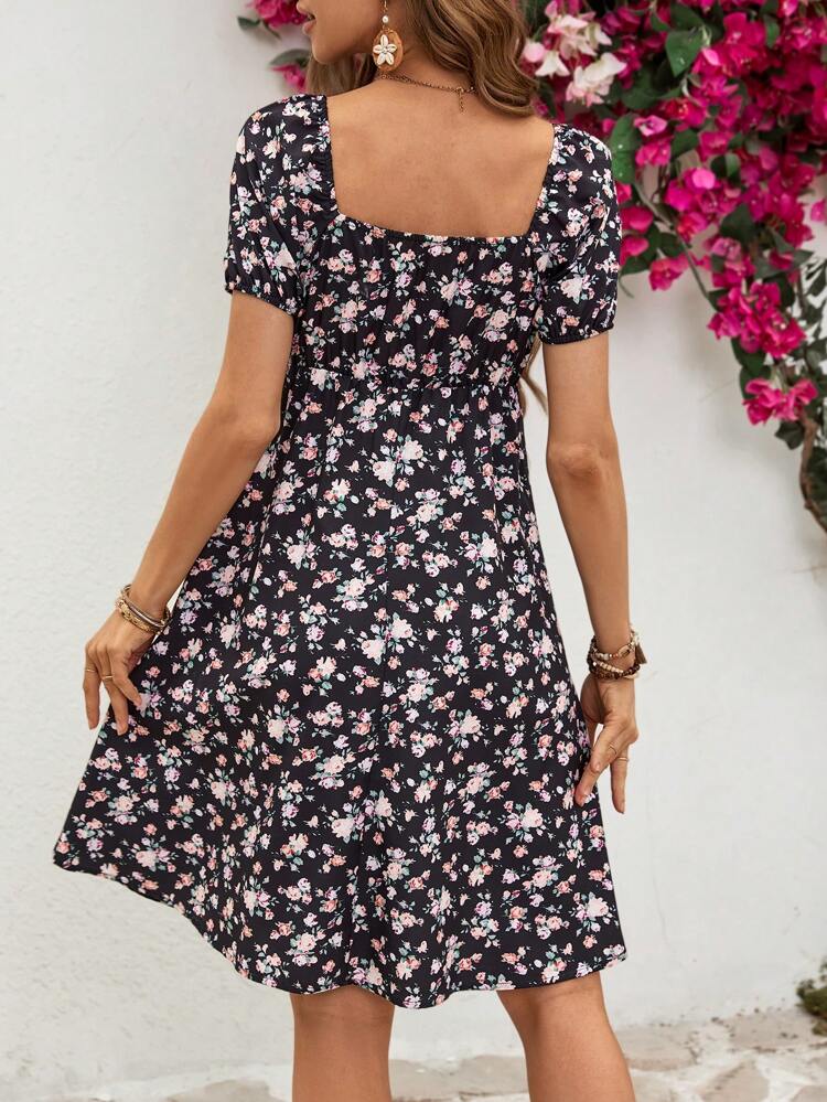 Women's Ditsy Floral Print Cinching Waist Dress