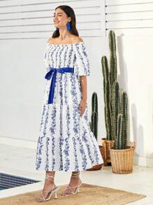 Mulvari Women's Floral Off Shoulder Mini Dress - Blue and White - View 5