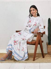 Modelyn Của phụ nữ Hoa In Đèn lồng Tay áo dài Thắt lưng Váy sơ mi - trắng - Xem 4