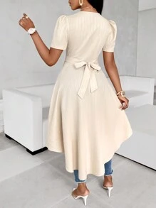 SHEIN Slayr 純色高低飄帶不對稱下擺上衣 - 卡其色 - 查看 2