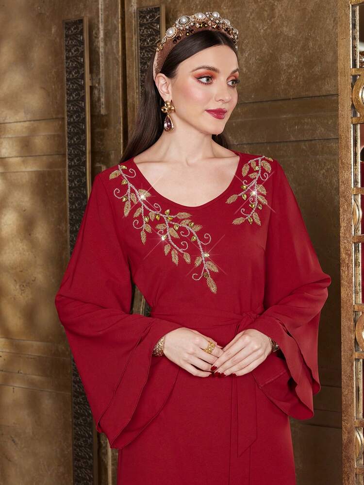 Women's Embroidered Bell Sleeve Jalabiya Dress, Elegant Luxury Evening Party Style