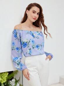 MOTF PREMIUM Blouse De Seda Con Estampado Floral De Manga De Linterna Y Con Hombros Descubiertos