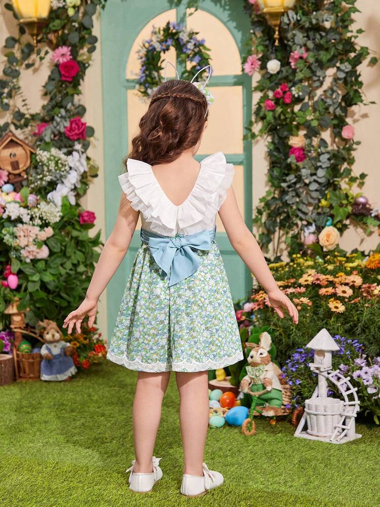 Young Girl's Patchwork Floral Printed Ruffle Trim Decor Dress With Detachable Belt
