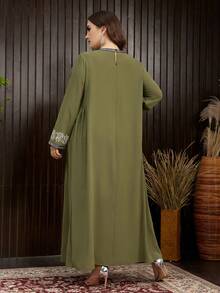 Al Najma Plus Size Women's Arabesque Print Ribbon Splicing Dress - Army Green - View 2