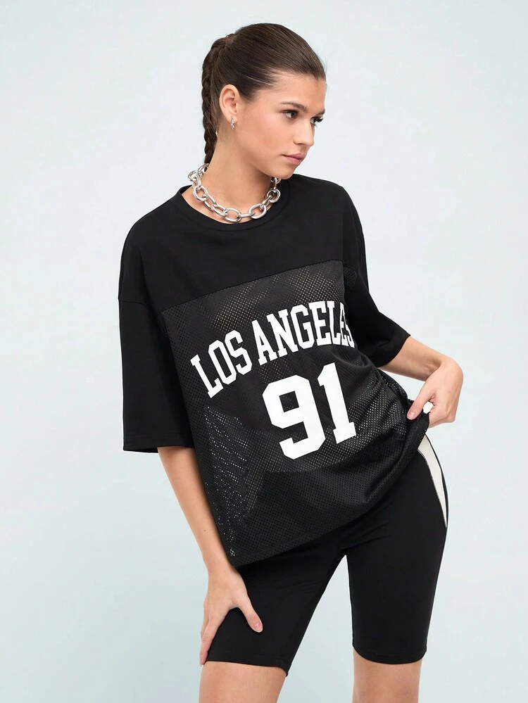 Women's Mesh Spliced T-Shirt With Letter And Number Print