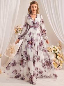 女式花卉印花网眼灯笼袖阿拉伯连衣裙，端庄 - 彩色 - 查看 6