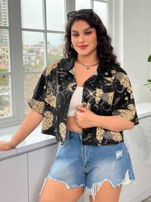 SHEIN EZwear Plus Size Moon And Stars Pattern Drop Shoulder Shirt - Multicolor - View 5