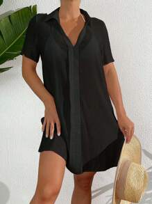 SHEIN Swim 夏季海灘女士純色鈕領短袖遮陽衣襯衫