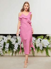 MOTF PREMIUM Asymmetrisches Schulterraffung GeSchlitztetes Schenkel Kleid