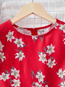 SHEIN Tween Girls' Loose Fit Casual Woven Floral Printed Round Neck Dress - Pink - View 3
