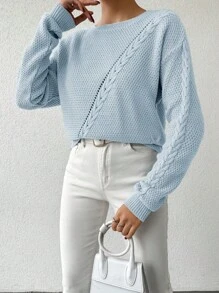 EURMUSE Women's Solid Color Drop Shoulder Sweater - Baby Blue - View 3