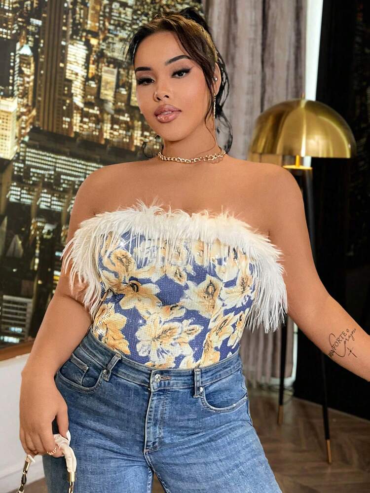 Plus Size Floral Print Splice Strapless Top