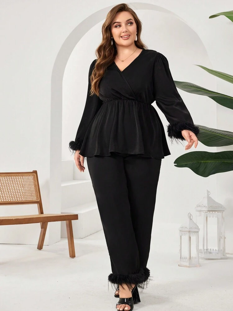 Plus Size Solid V-Neckline Plush Cuff Waist Gathered Top And Straight Pants
