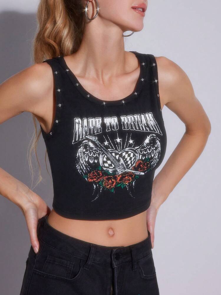 Women's Heart Wings & Flower & Letter Print Stud Detailed Slim Fit Cropped Tank Top