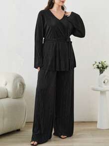 EURMUSE Solid Cross Belted Top & Wide Leg Pants - Black - View 4