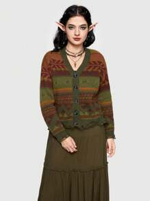 ROMWE Fairycore Geo Pattern Button Front Cardigan - Multicolor - View 6