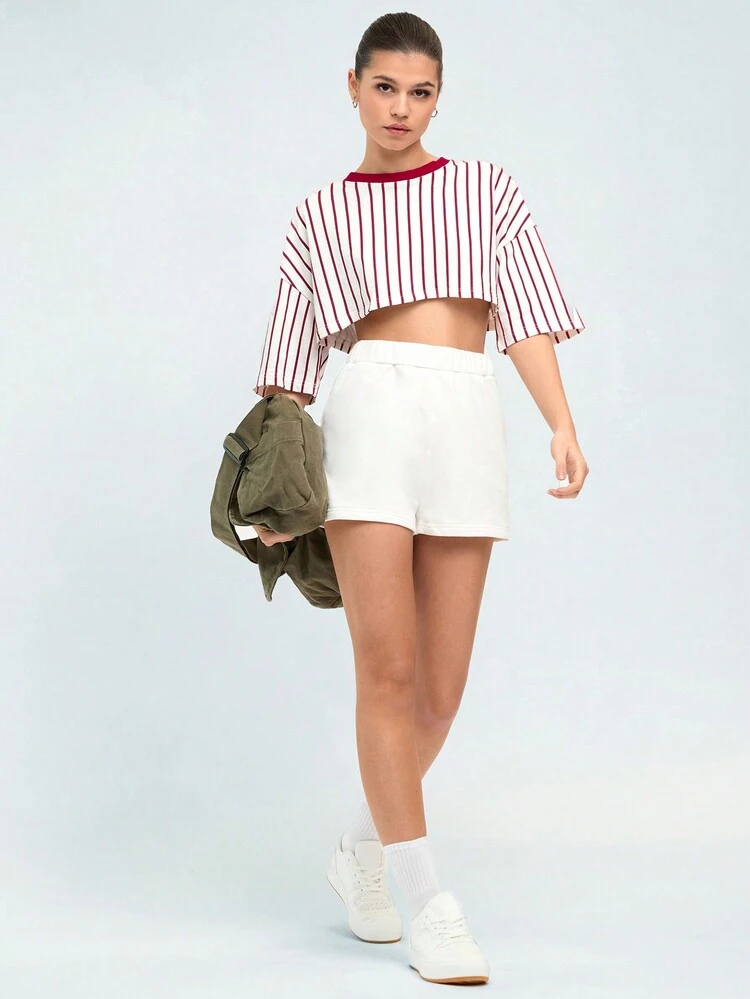 Women's Color Block Striped Drop Shoulder Cropped Top And Solid Color Shorts Set