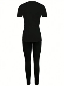 INAWLY 數字印花女款圓領t恤和打底褲套裝 - 黑色 - 查看 2
