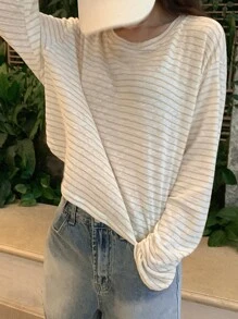 DAZY Của phụ nữ Lỏng lẻo phù hợp Thả vai Sọc Áo thun Với Khối màu Thiết kế - Màu Khaki - Xem 1