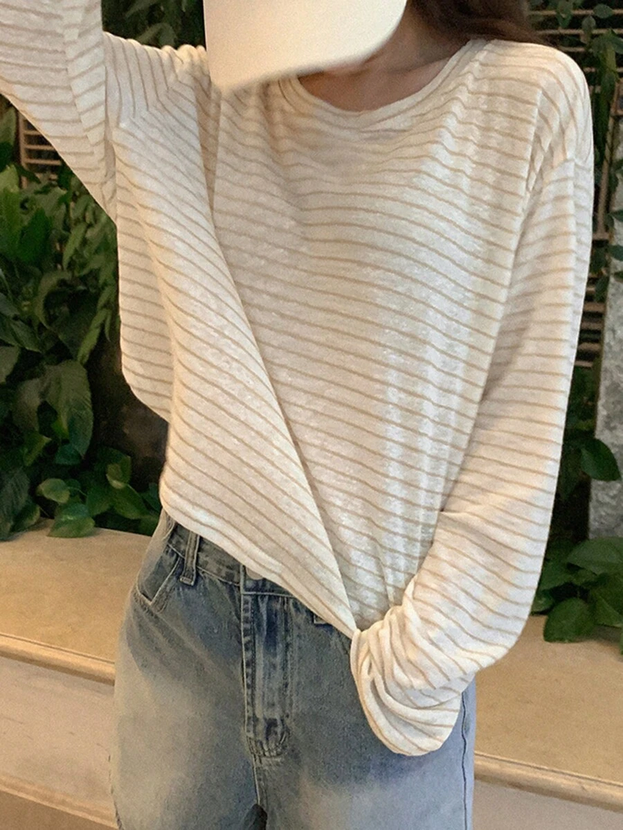 DAZY Của phụ nữ Lỏng lẻo phù hợp Thả vai Sọc Áo thun Với Khối màu Thiết kế - Màu Khaki - Xem 1