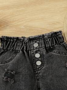 SHEIN Vintaside Kids Baby Girls' Cute Street Style Distressed Jeans With Elastic Waistband, Comfortable And Casual