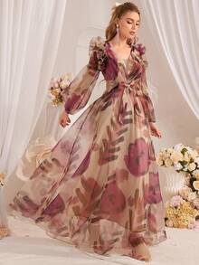 Women's Spring Summer Elegant Floral Print Patchwork Lantern Sleeve Dress - Multicolor - View 6