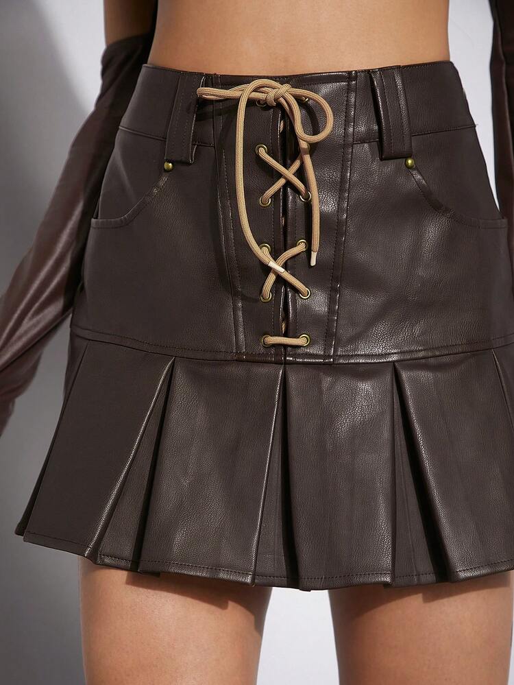Lace-Up Design Pleated Hem Faux Leather Skirt