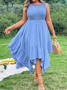 Flirla Plus Size Asymmetrical Ruffle Hem Vacation Beach  Dress - Blue - View 7