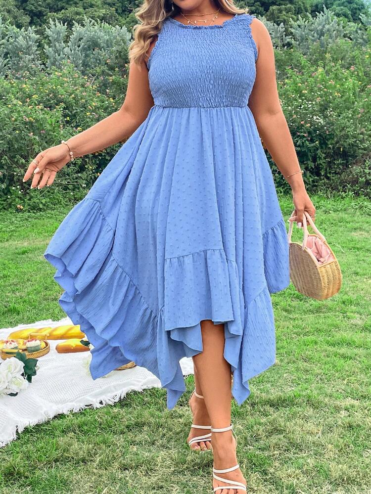 Plus Size Asymmetrical Ruffle Hem Vacation Beach  Dress