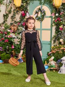 SHEIN Trẻ Cô gái Vòng cổ Chấm bi Sang trọng Lưới Đan Áo liền quần Với Có thể tháo rời Eo Thắt lưng , Phong cách - màu đen - Xem 4