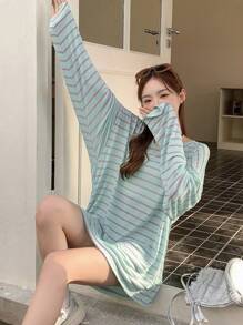 DAZY Women's Striped Drop Shoulder Loose Fit T-Shirt Linen