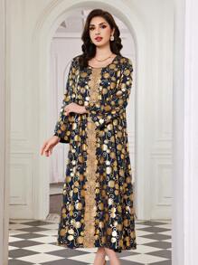 Al Najma Vestido De Empalme De Encaje Con Estampado Dorado - azul real - Ver 4