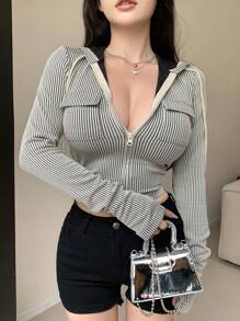 DAZY Striped Zipper Front Drawstring Hooded Long Sleeve T-Shirt,Fall Women Clothes - Black and White - View 2