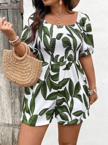 SHEIN LUNE Jumpsuit Ukuran Plus Shirred Tropis Boho - Hijau - View 3