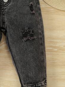 SHEIN Vintaside Kids Baby Girls' Cute Street Style Distressed Jeans With Elastic Waistband, Comfortable And Casual