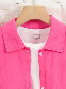 青少女實色短袖襯衫和短褲套裝 - 玫紅色 - 查看 4