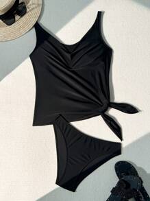 SHEIN Swim 女士泳装纯色系带侧上衣和三角裤分体泳装套装，适合夏季、海滩、旅行、度假、游泳池 - 黑色 - 查看 6