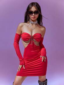 SHEIN Unity Off The Shoulder Dress With Hollow Waist And Diamond Chain Decoration - Burgundy - View 6